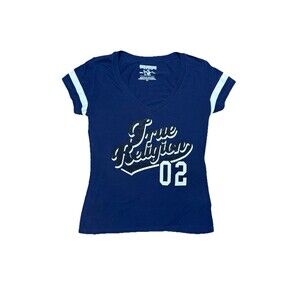 Y2K True Religion Rhinestone Varsity Baby Tee Navy Blue Women’s Small